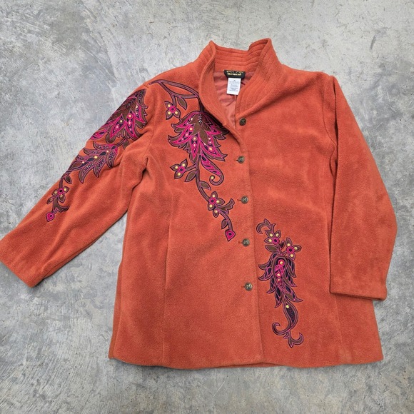 Bob Mackie Wearable Art Fleece Jacket Embroidered Floral Orange XL - Picture 2 of 6